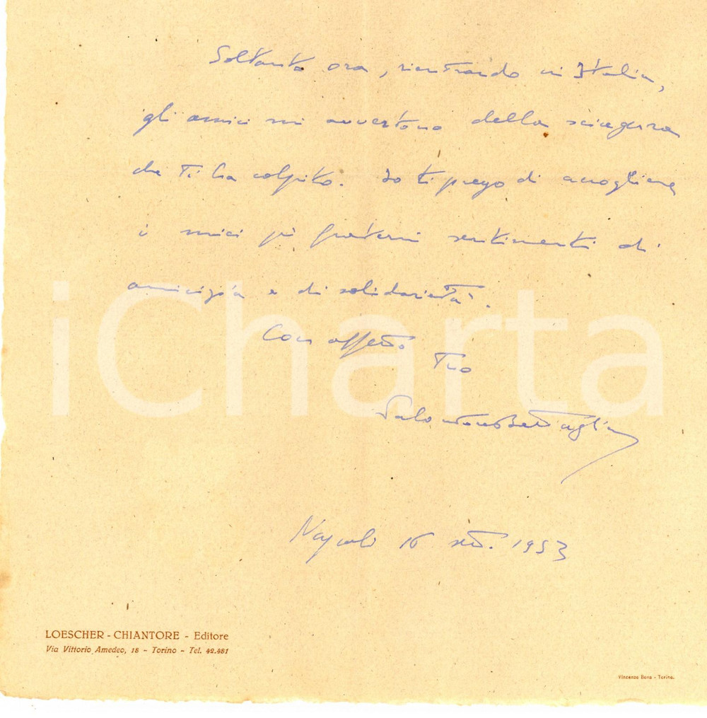 Autografo originale 1953 NAPOLI Salvatore BATTAGLIA porge le condoglianze a un collega Autografo 1