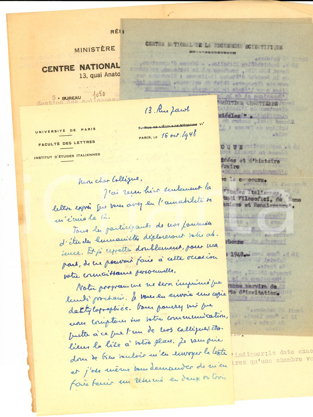 Autografo originale 1948 PARIS Henri BEDARIDA a un collega assente a un convegno Autografo 1