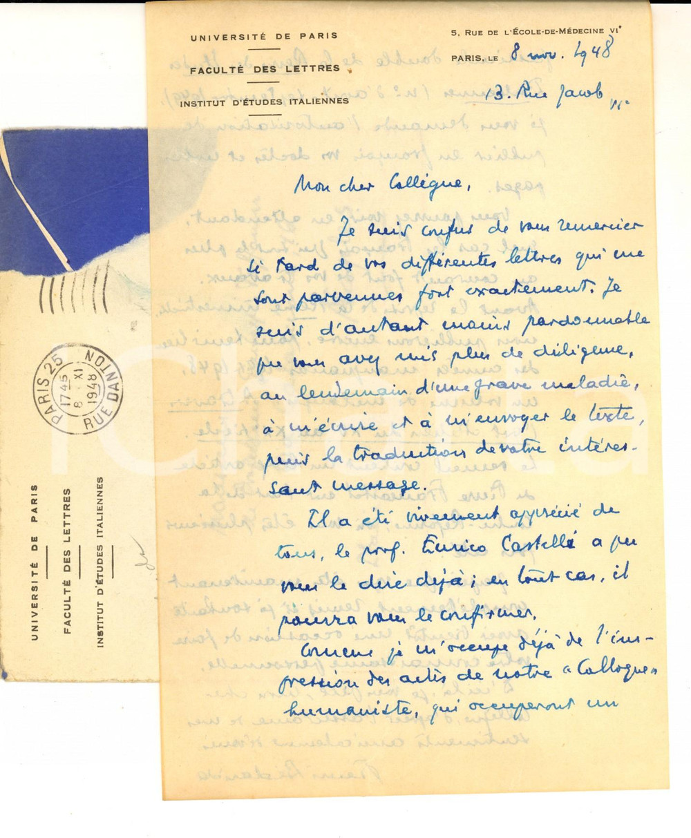 Autografo originale 1948 PARIS Henri BEDARIDA prepara la pubblicazione di atti e riviste Autografo 1