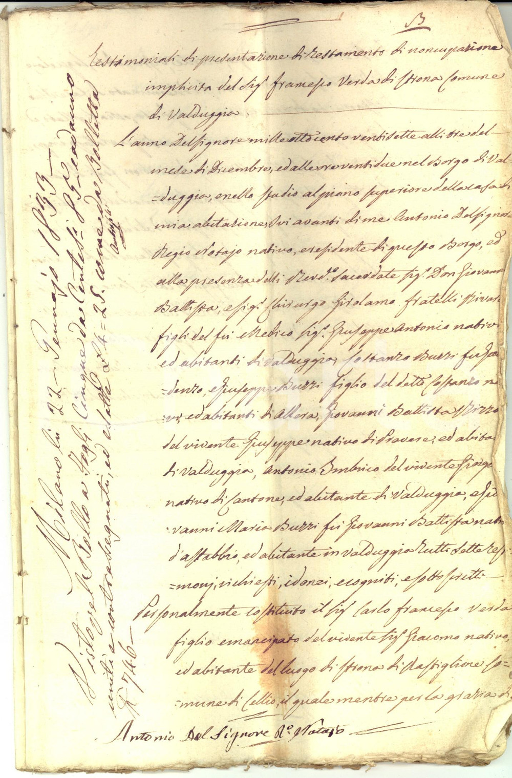 Documento originale, autentico 1827 STRONA/ RASTIGLIONE Testamento Francesco VERDA pro figli maschi Manoscritto 1