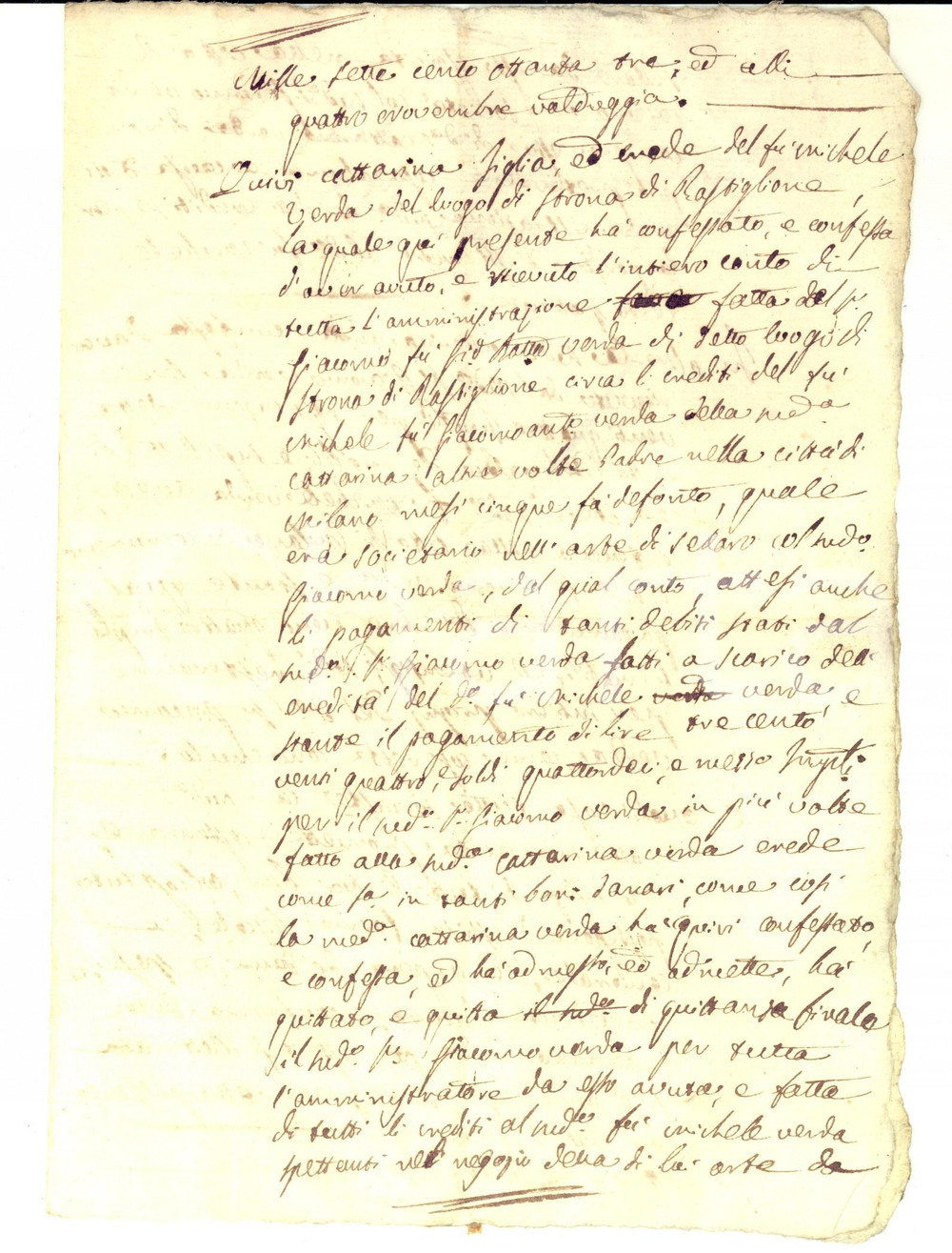 Documento originale, autentico 1783 VALDUGGIA Ricevuta di Caterina VERDA per conto amministrazione crediti 1