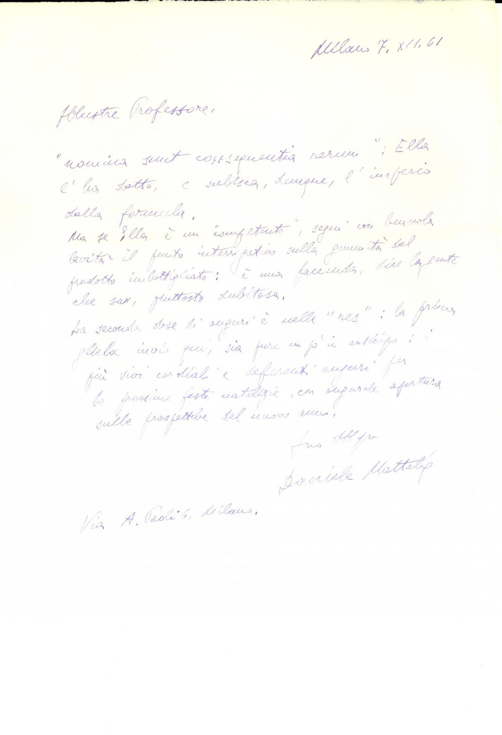 Autografo originale 1961 MILANO Daniele MATTALIA invia gli auguri natalizi a un collega Autografo 1