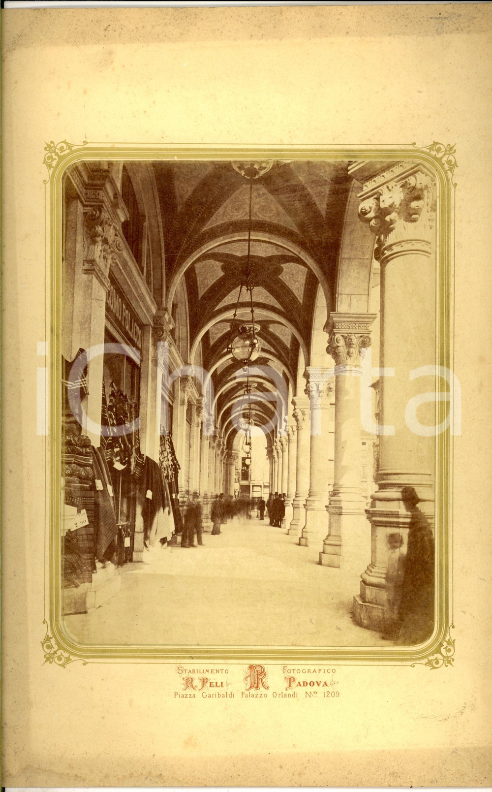 Fotografia d epoca originale 1910 ca PADOVA Veduta dei portici con il negozio Giacomo POLACCO Foto R. PELI 1