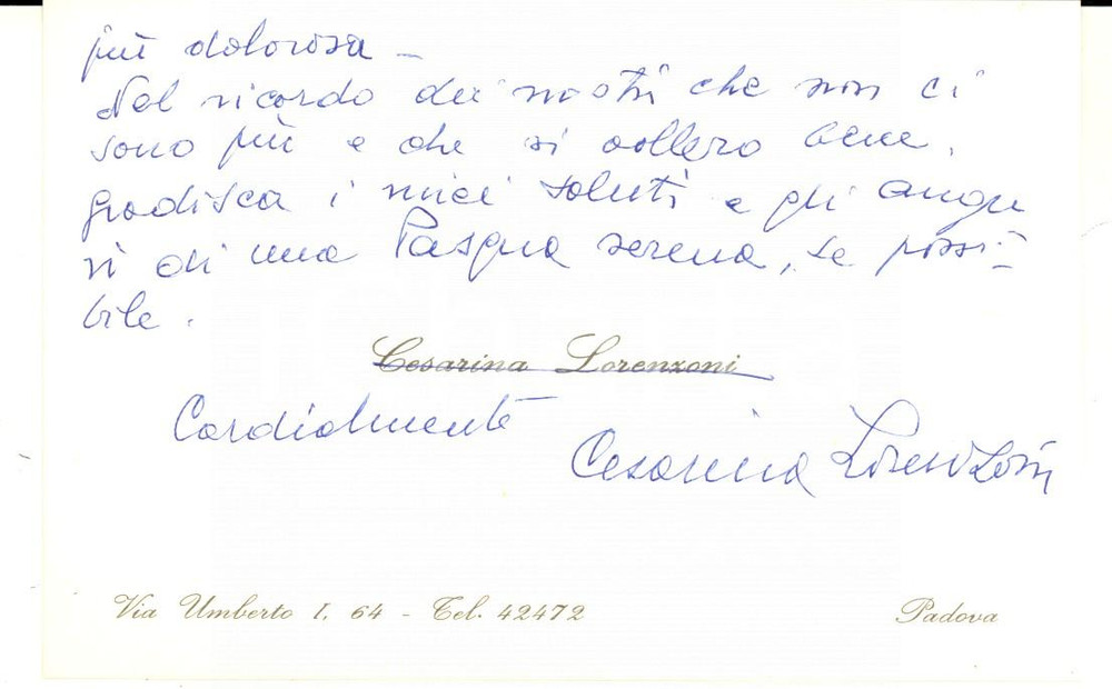 Autografo originale 1980 PADOVA Biglietto augurale di Cesarina LORENZONI a un amico Autografo 1