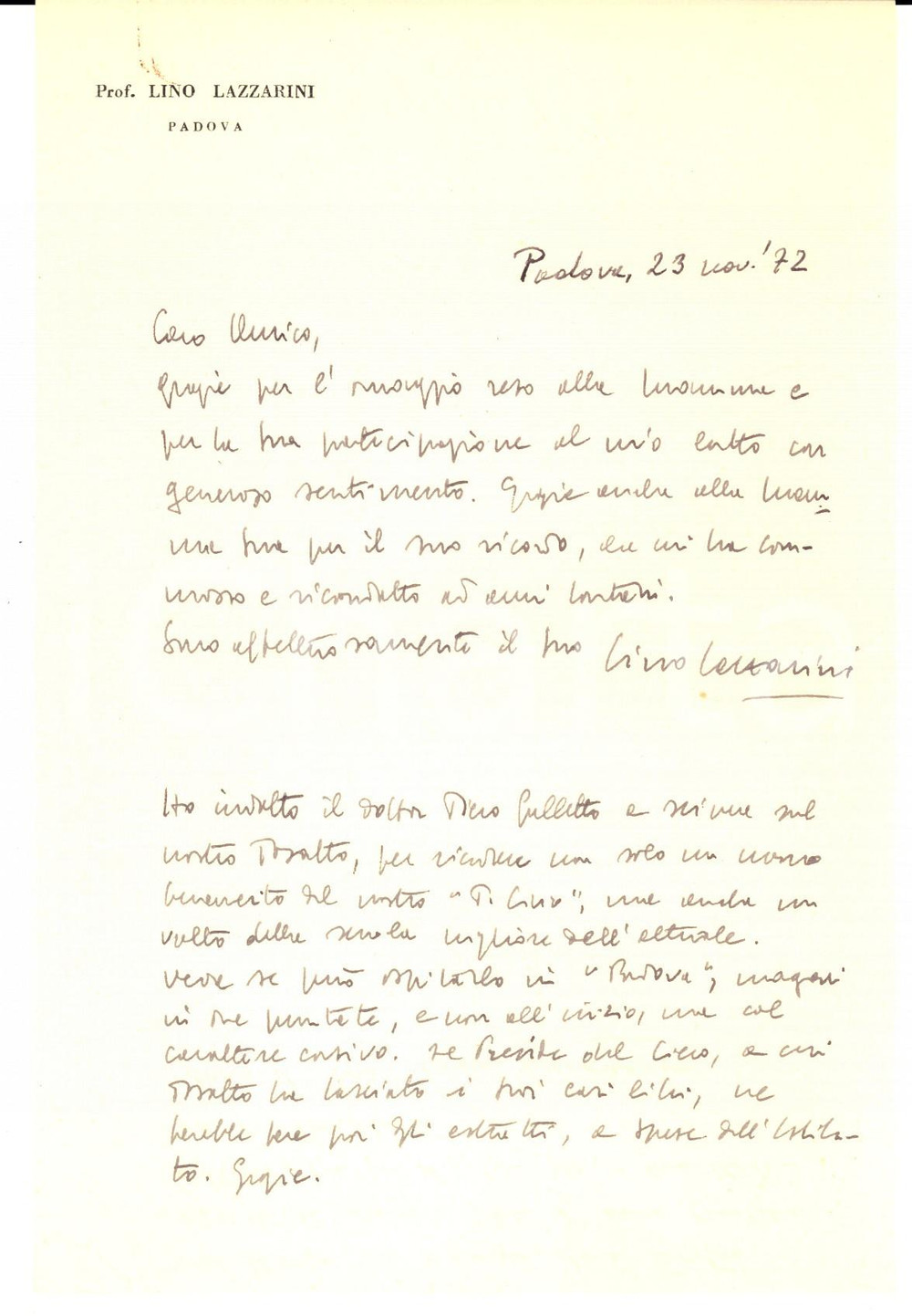 Autografo originale 1972 PADOVA Lino LAZZARINI ringrazia per partecipazione a un lutto Autografo 1