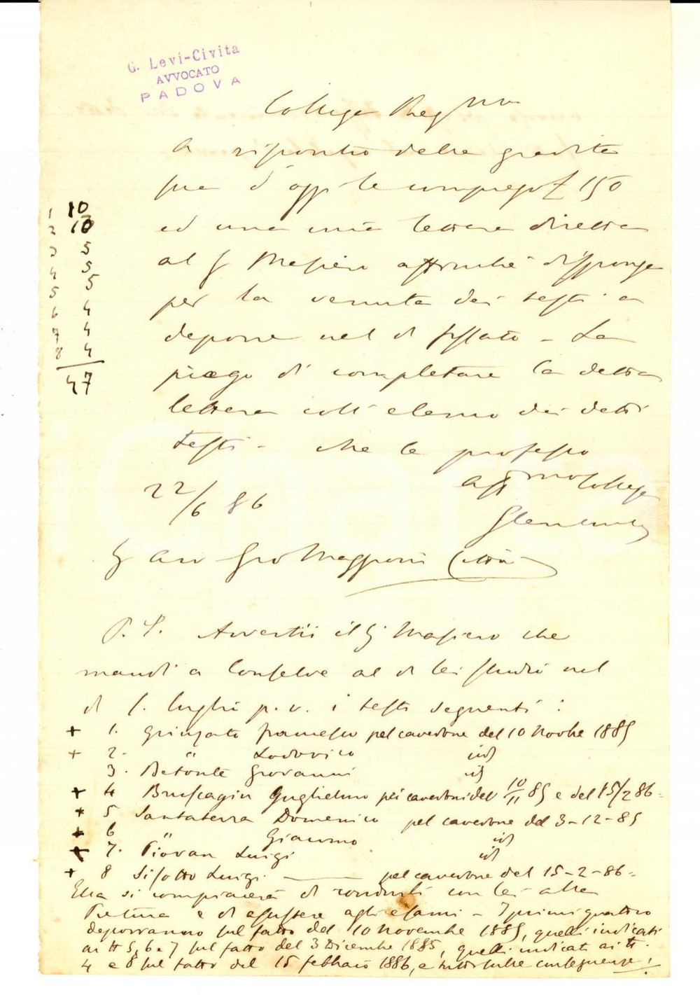 Autografo originale 1886 PADOVA Giacomo LEVI CIVITA invia denaro per un adempimento Autografo 1