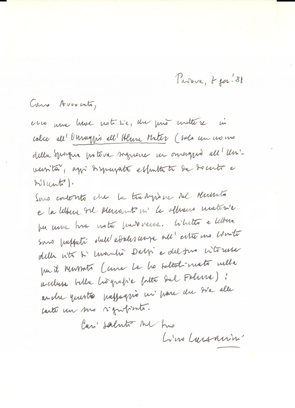 Autografo originale 1981 PADOVA UniversitÃ  sfruttata da docenti e discenti Lettera Lino LAZZARINI 1