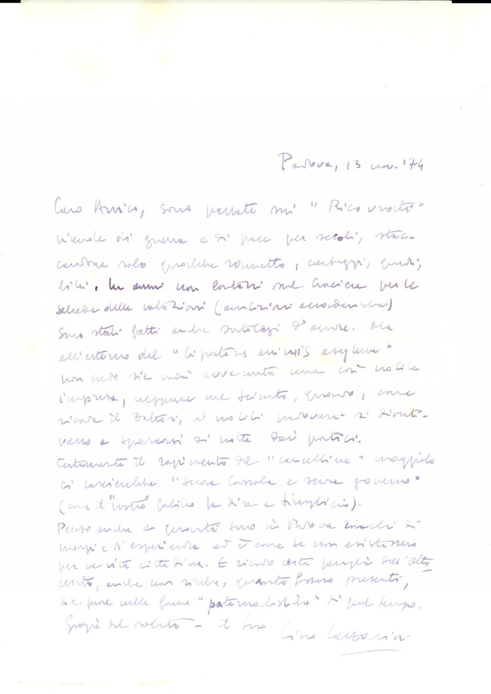Autografo originale 1974 PADOVA Lino LAZZARINI sulle vicende padovane nelle riviste Autografo 1