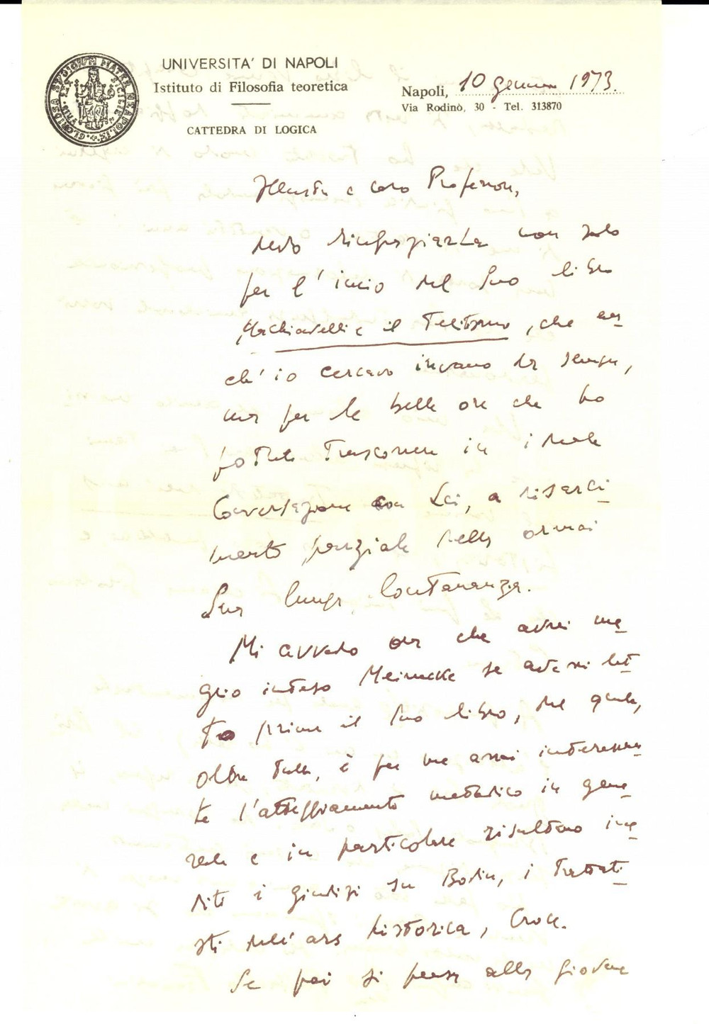 Autografo originale 1973 NAPOLI Raffaello FRANCHINI ringrazia per saggio su Machiavelli Autografo 1