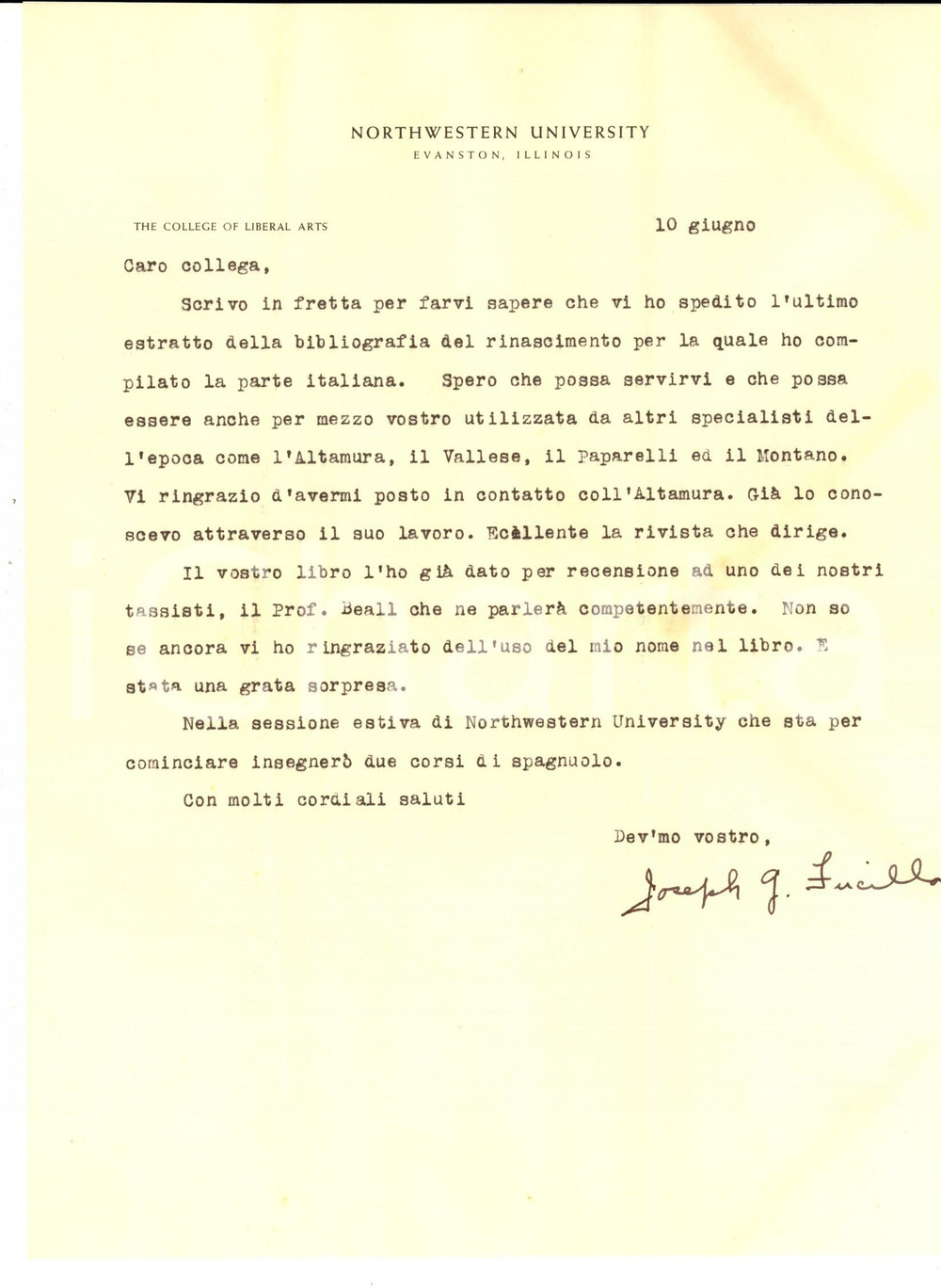 Autografo originale 1947 EVANSTON Joseph FUCILLA ringrazia un collega italiano per la citazione 1