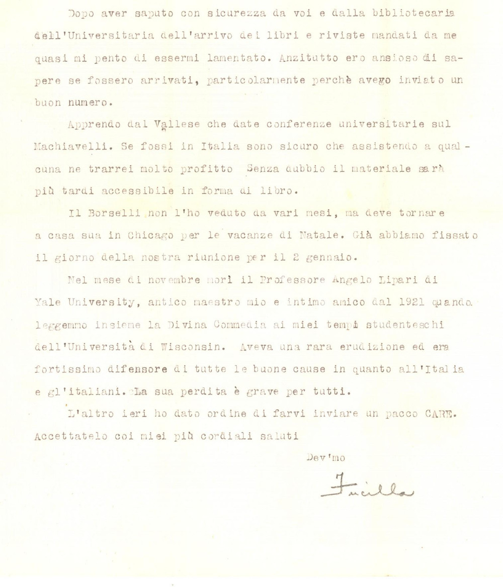 Autografo originale 1947 EVANSTON Joseph FUCILLA elogia lo scomparso Angelo LIPARI Autografo 1
