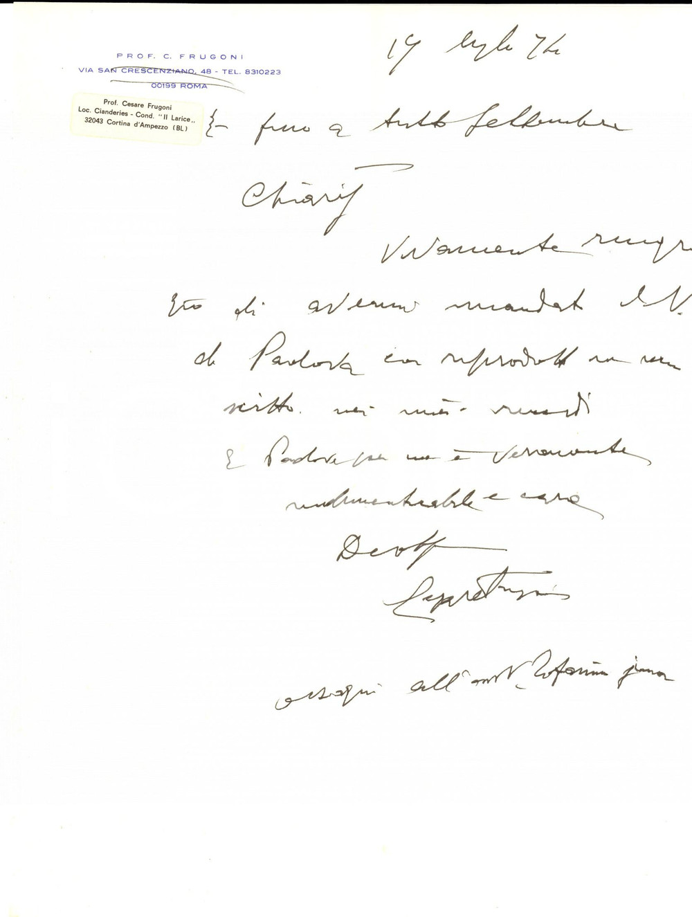 Autografo originale 1974 CORTINA D AMPEZZO Cesare FRUGONI ringrazia per una rivista Autografo 1