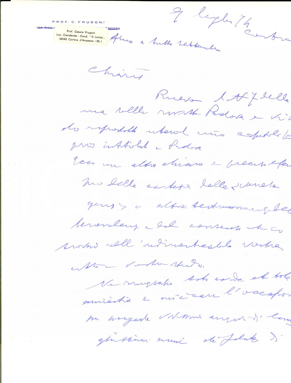 Autografo originale 1974 CORTINA D AMPEZZO Cesare FRUGONI ringrazia per rivista ricevuta Autografo 1