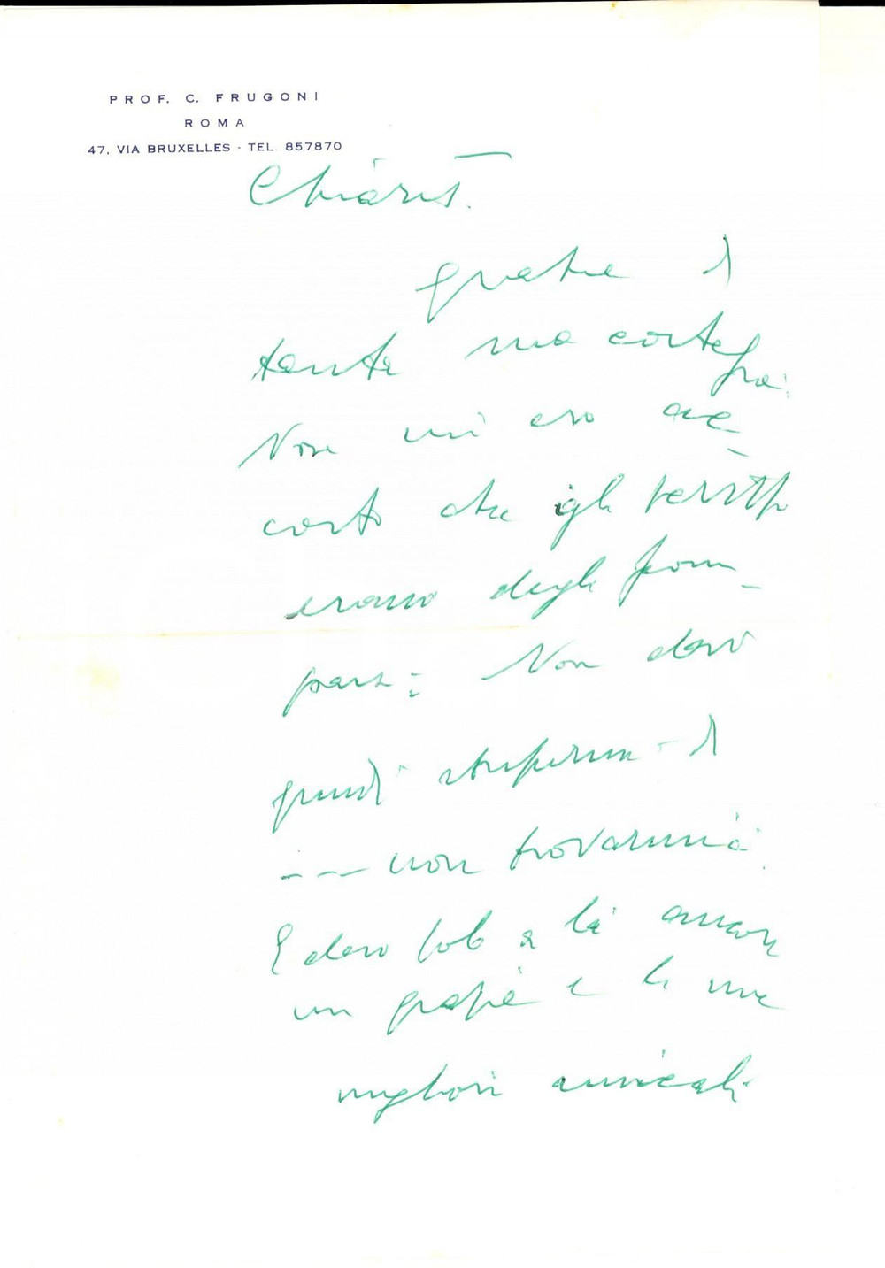 Autografo originale 1967 ROMA Prof. Cesare FRUGONI ringrazia un collega docente Autografo 1