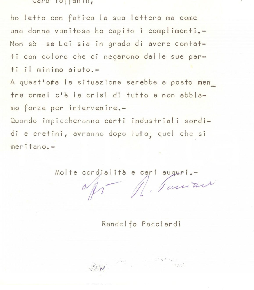 Autografo originale 1969 ROMA Quando impiccheranno certi industriali cretini Randolfo PACCIARDI 1