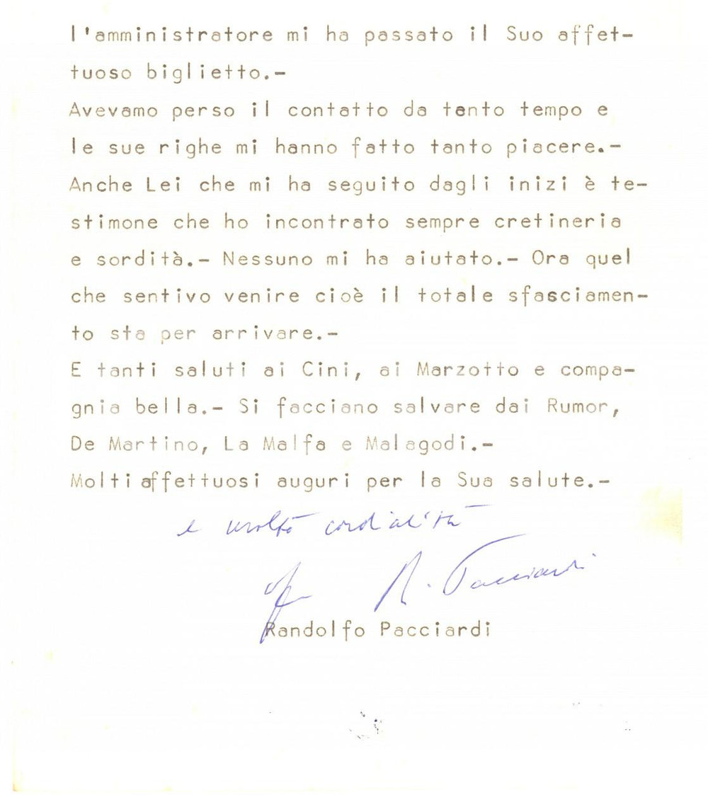 Autografo originale 1969 ROMA Si facciano salvare da RUMOR e LA MALFA Autografo Randolfo PACCIARDI 1