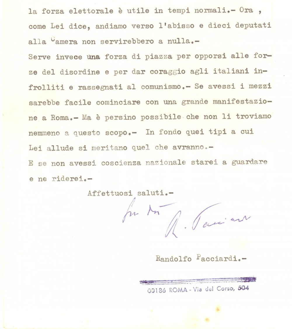 Autografo originale 1969 ROMA Italiani infrolliti e rassegnati al comunismo Randolfo PACCIARDI 1