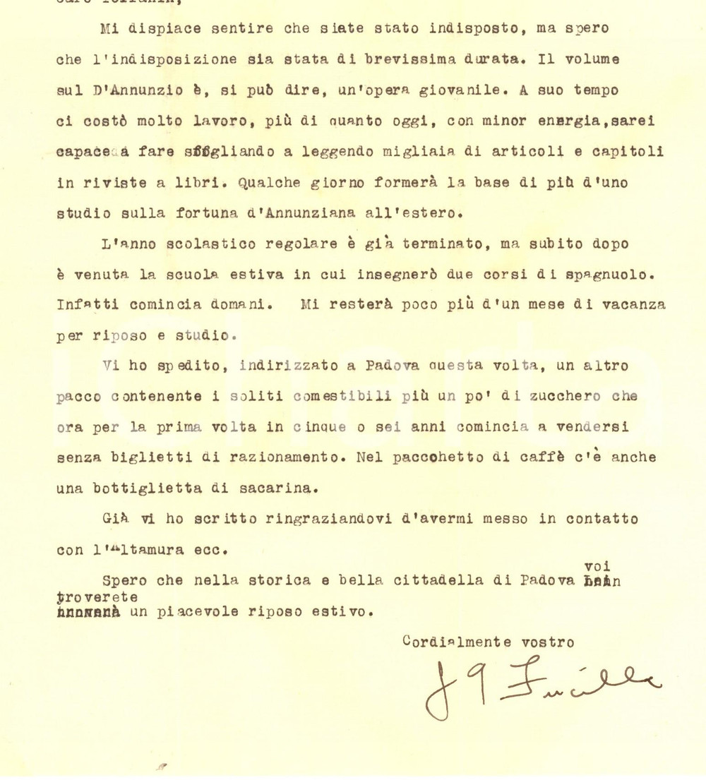 Autografo originale 1947 EVANSTON Joseph FUCILLA e un lavoro giovanile su D Annunzio Autografo 1
