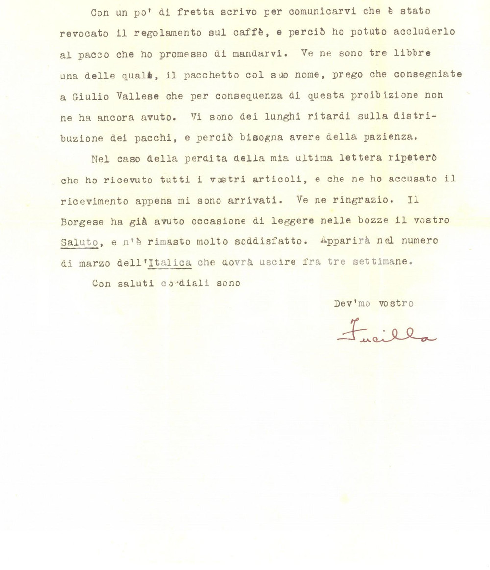 Autografo originale 1946 EVANSTON Joseph FUCILLA invia caffÃ¨ all Italia del dopoguerra Autografo 1