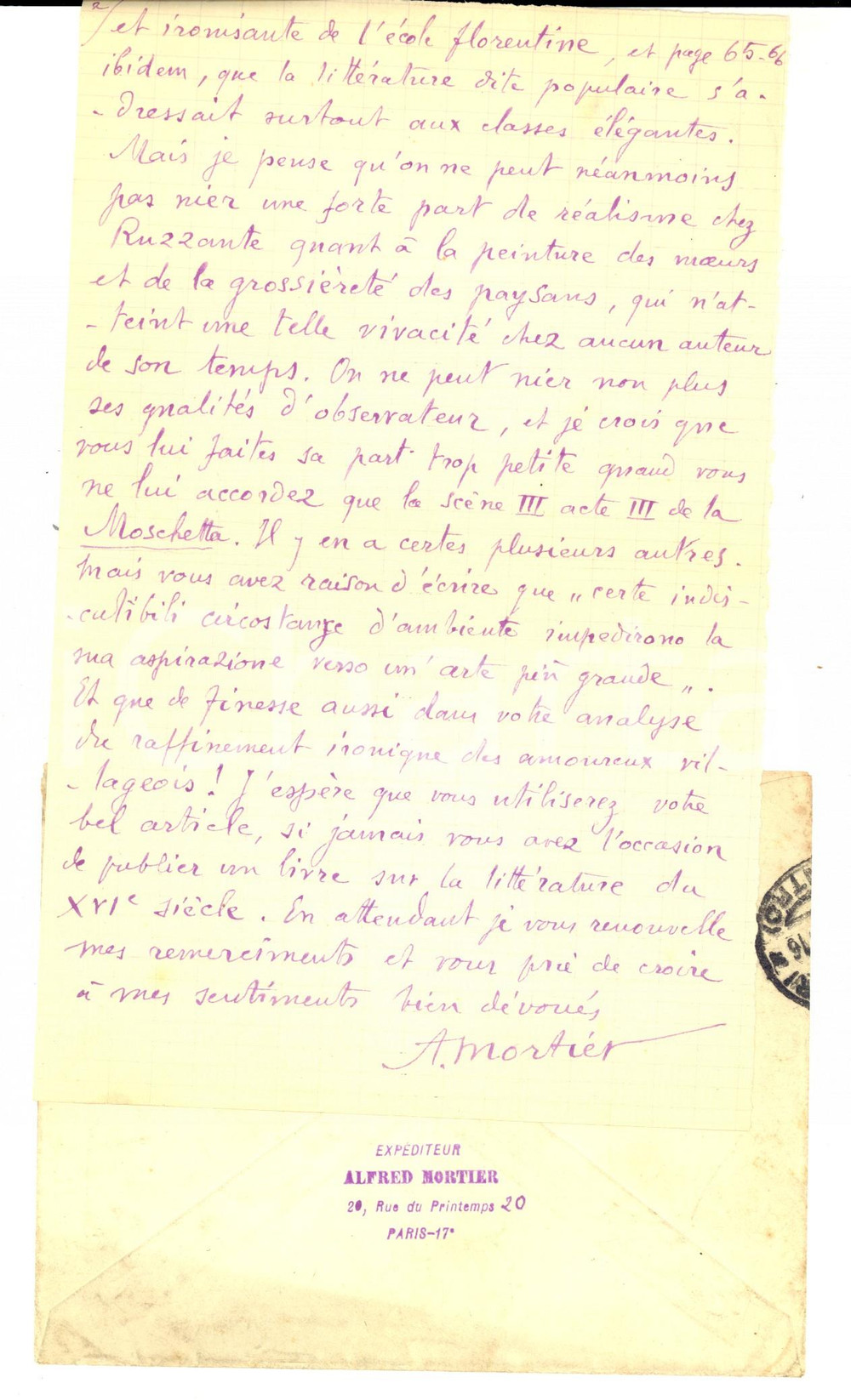 Autografo originale 1927 PARIS Alfred MORTIER ringrazia per recensione in La Cultura AUTOGRAFO 1