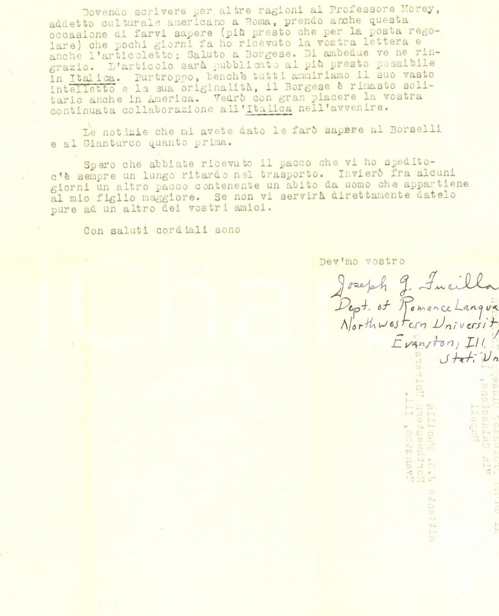 Autografo originale 1946 EVANSTON Joseph FUCILLA sulla solitudine di Giuseppe Antonio BORGESE 1