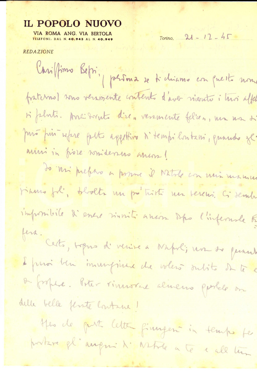 Autografo originale 1945 TORINO Curio MORTARI in famiglia dopo l infernale guerra Autografo 1