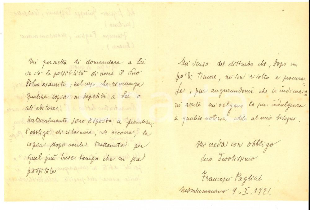 1921 MONSUMMANO Francesco PAGLIAI al lavoro sui "Promessi Sposi" *Autografo