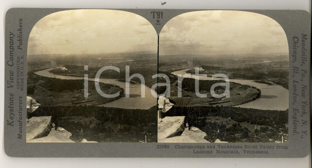 Fotografia d epoca originale 1930 ca CHATTANOOGA and TENNESSEE River Valley from LOOKOUT Mountain Stereoview 1