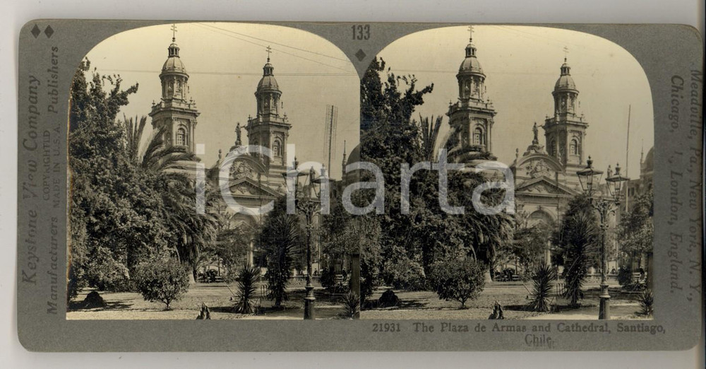 Fotografia d epoca originale 1930 ca SANTIAGO CHILE The Plaza de Armas and Cathedral Stereoview KEYSTONE 1