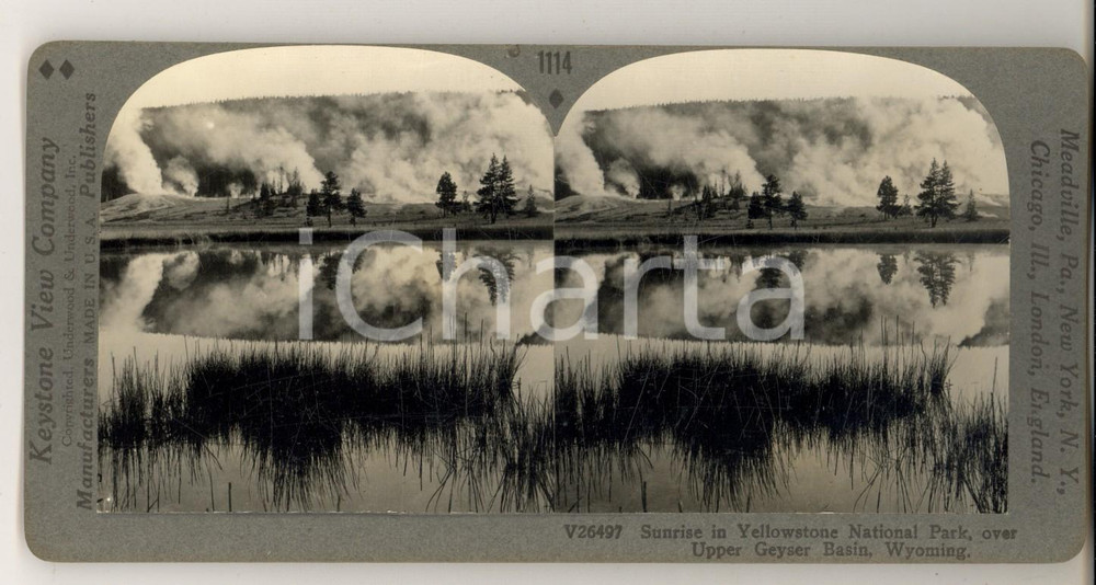 Fotografia d epoca originale 1920 ca YELLOWSTONE National Park  Sunrise over Upper Geyser Basin Stereoview 1