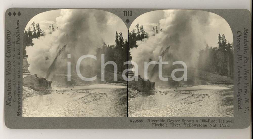 Fotografia d epoca originale 1930 ca YELLOWSTONE National Park  Geyser over FIREHOLE RIVER Stereoview 1