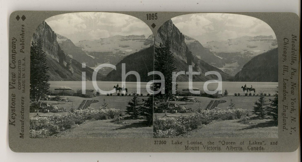 Fotografia d epoca originale 1930 ca CANADA Lake Louise and Mount Victoria Stereoview KEYSTONE ANIMATED 1
