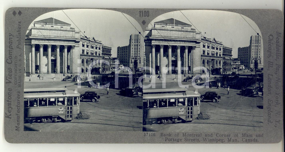 Fotografia d epoca originale 1930 ca WINNIPEG CANADA Bank of Montreal  Portage Streets Stereoview TRAMWAY 1
