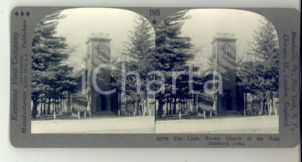 Fotografia d epoca originale 1930 ca BRADFORD IOWA The Little Brown Church in the Vale Stereoview KEYSTONE 1