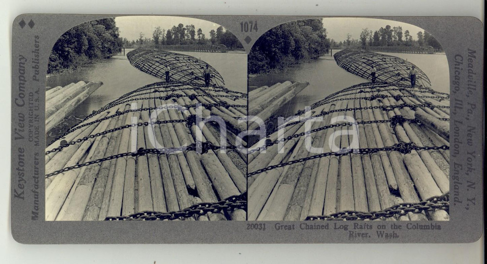 Fotografia d epoca originale 1930 ca USA COLUMBIA RIVER Great chained log rafts  Stereoview KEYSTONE 1