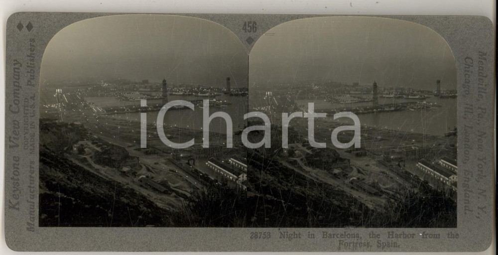 Fotografia d epoca originale 1930 ca BARCELONA SPAIN Harbor by night from the Fortress Stereoview KEYSTONE 1