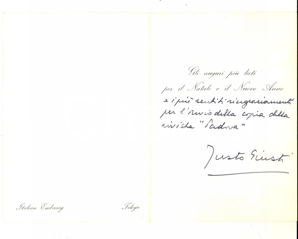 Autografo originale 1970 TOKYO Ambasciata d Italia  Biglietto di auguri Justo GIUSTI Autografo 1