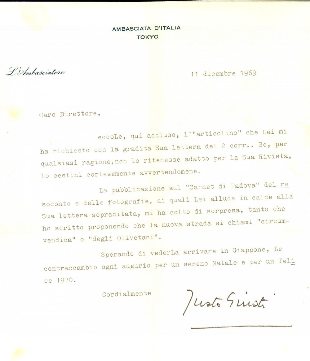 Autografo originale 1969 TOKYO Ambasciata d Italia  Justo GIUSTI invia articolo per una rivista 1