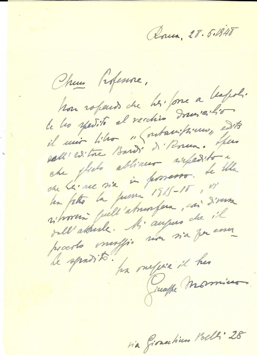 Autografo originale 1948 ROMA Giuseppe MORMINO invia libro sulla Prima Guerra Mondiale Autografo 1