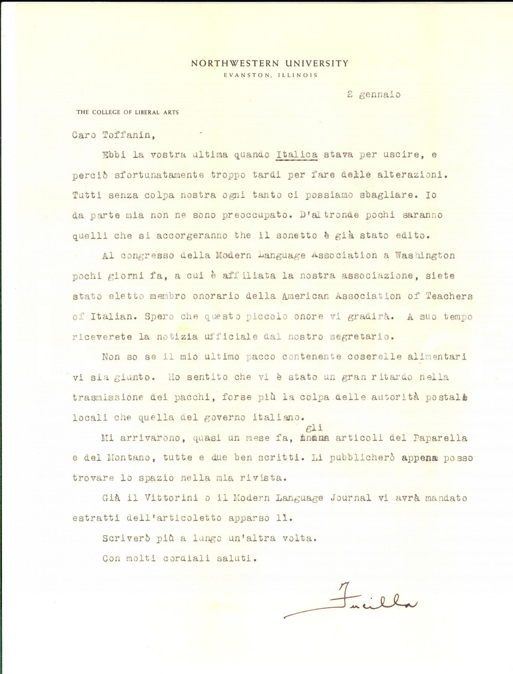 Autografo originale 1947 EVANSTON Joseph FUCILLA a un collega italiano per citazione errata 1