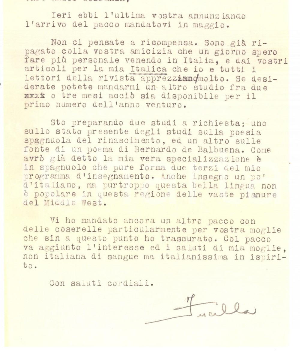 Autografo originale 1946 EVANSTON Joseph FUCILLA al lavoro su nuovi studi spagnoli Autografo 1