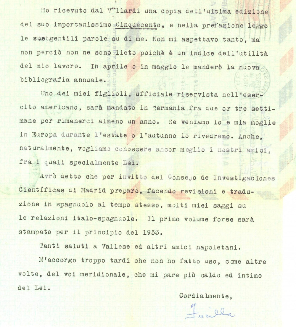 Autografo originale 1952 EVANSTON Joseph FUCILLA promette visita a un collega italiano  Autografo 1