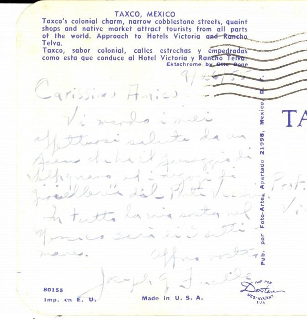1955 TAXCO (MEXICO) Joseph FUCILLA invia i saluti a un collega *Autografo