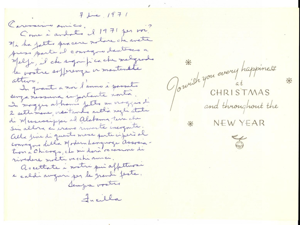 Autografo originale 1971 EVANSTON Joseph FUCILLA invia auguri natalizi a un collega  Autografo 1