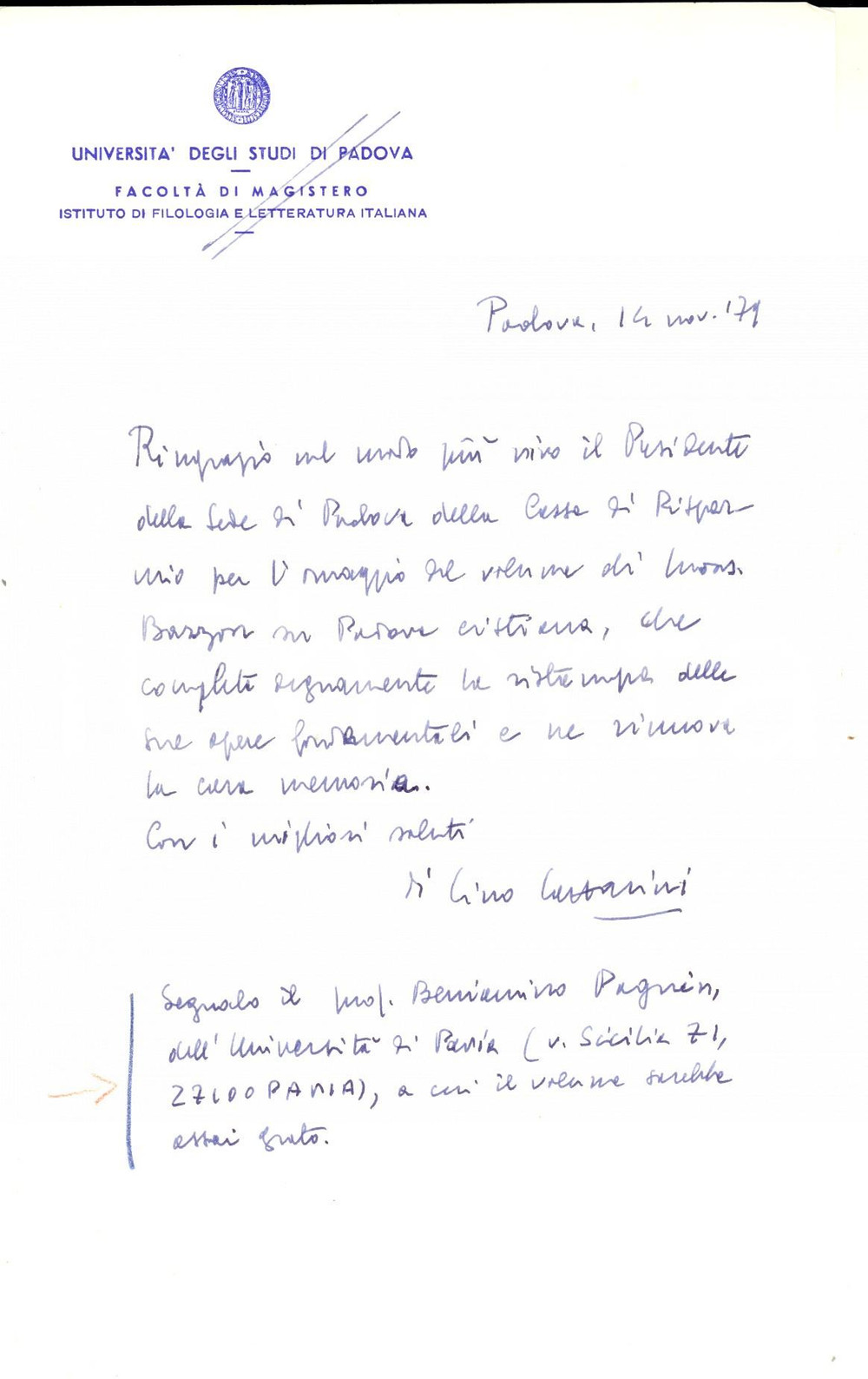 Autografo originale 1979 PADOVA Lino LAZZARINI ringrazia presidente Cassa di Risparmio Autografo 1