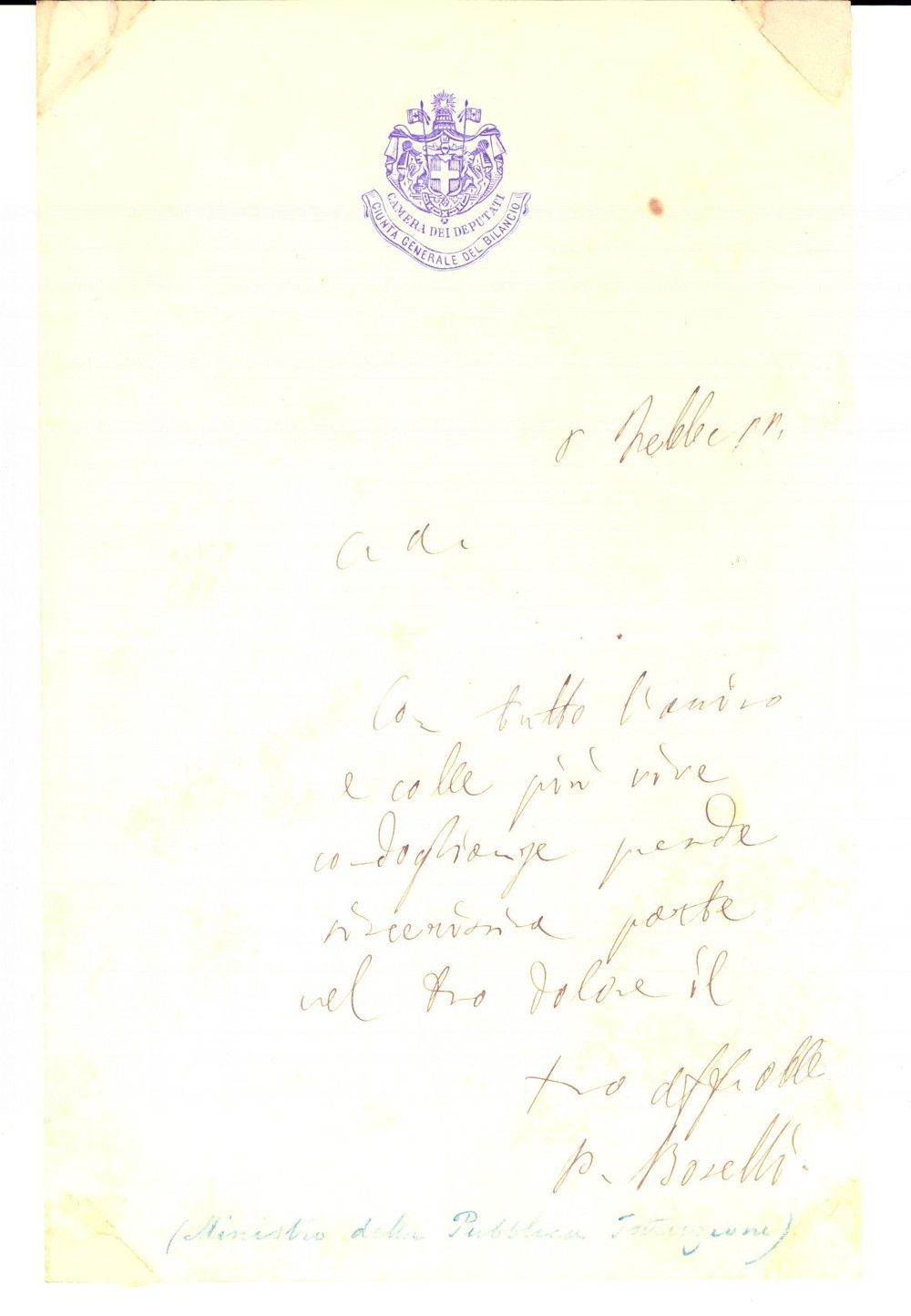 Autografo originale 1889 ROMA CAMERA DEPUTATI Condoglianze on. Paolo BOSELLI a un amico AUTOGRAFO 1