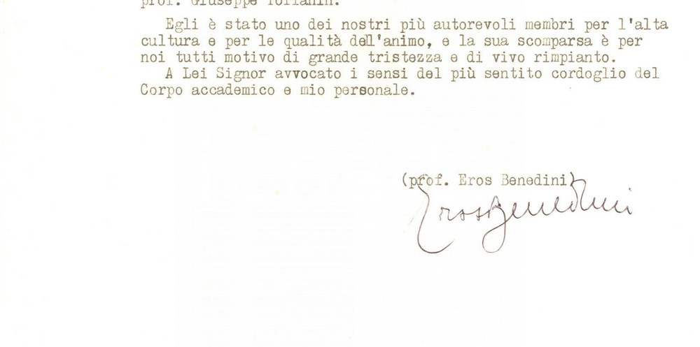 Autografo originale 1980 MANTOVA ACCADEMIA VIRGILIANA Condoglianze prof. Eros BENEDINI Autografo 1
