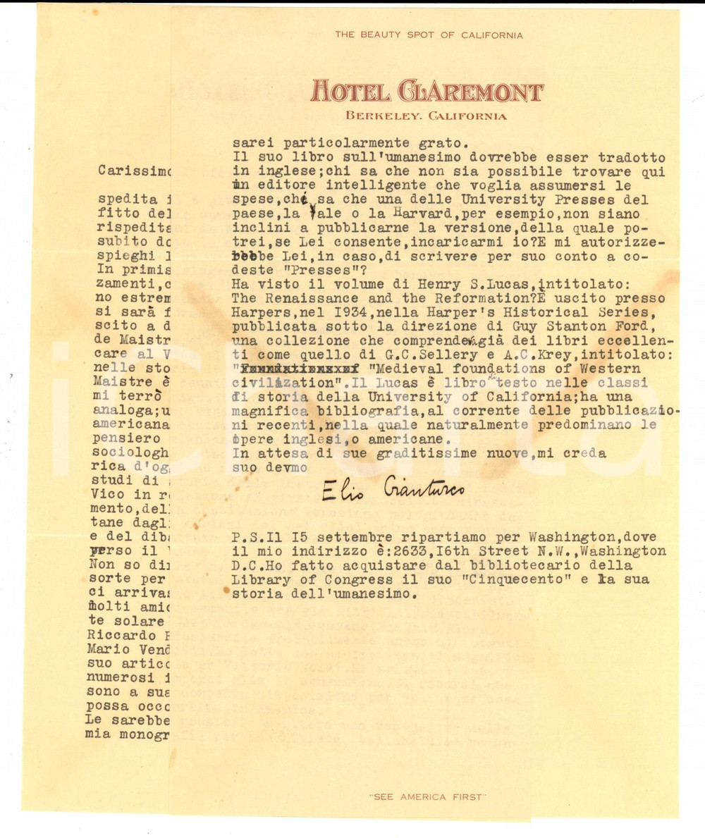 Autografo originale 1937 BERKELEY Elio GIANTURCO e suoi nuovi lavori accademici Autografo 1