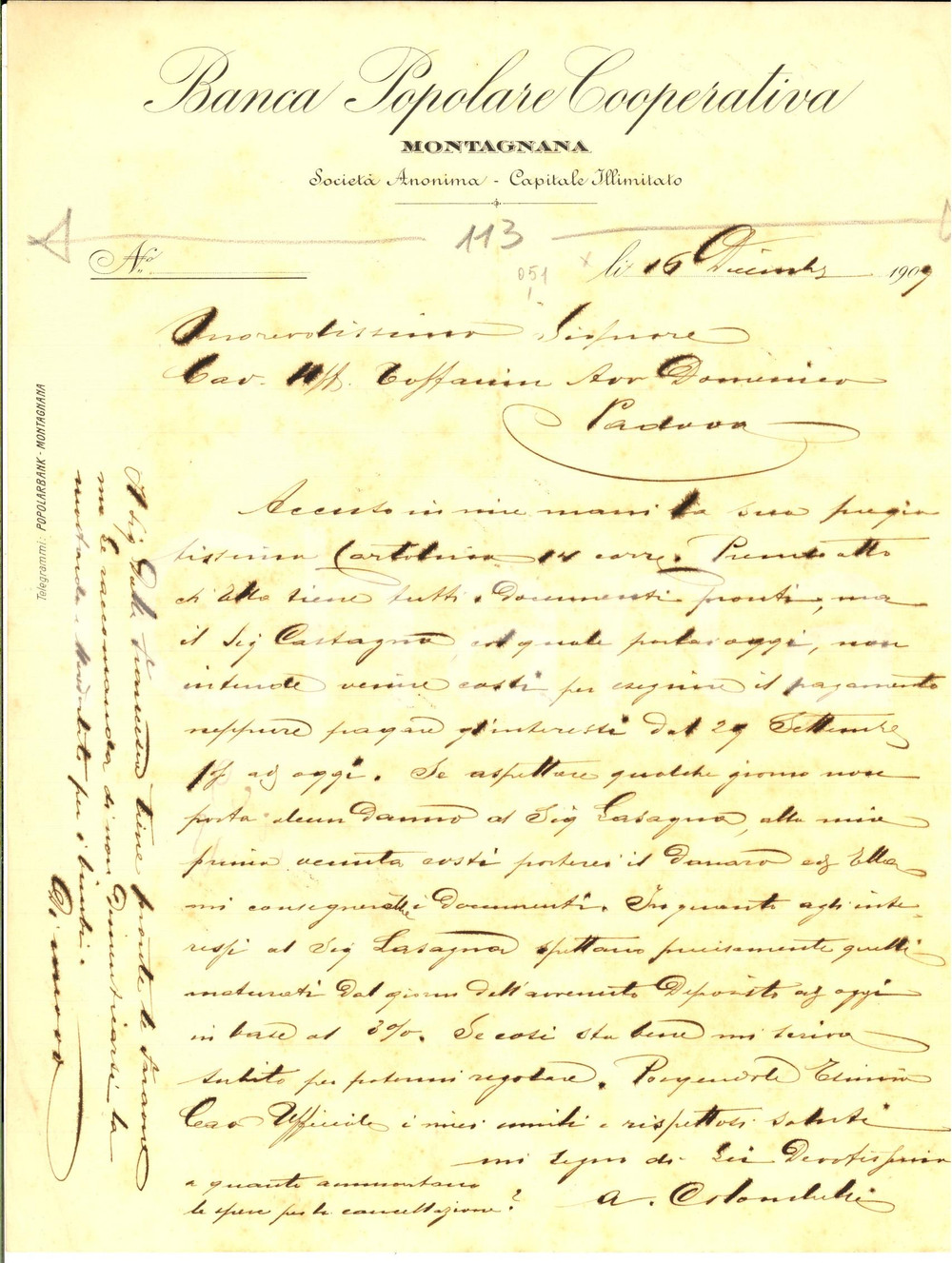 Manoscritto, lettera originale 1907 MONTAGNANA Banca Popolare Coperativa  Lettera su mancati pagamenti 1