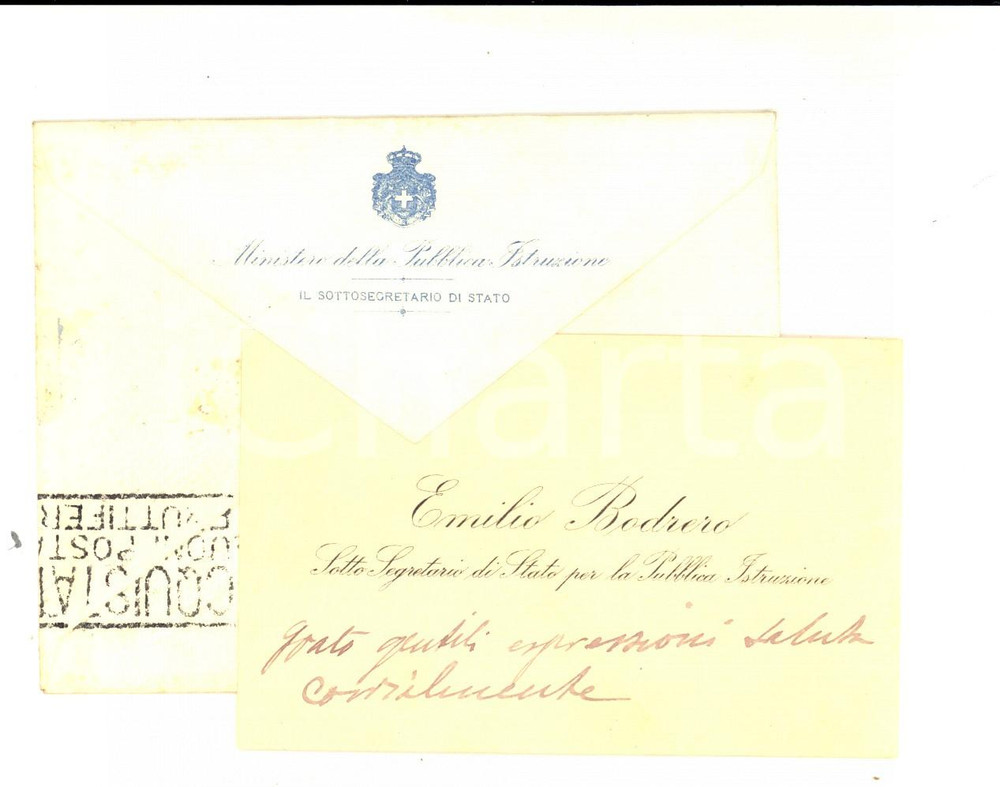 Autografo originale 1926 ROMA Sottosegretario Emilio BODRERO  Biglietto ringraziamento AUTOGRAFO 1